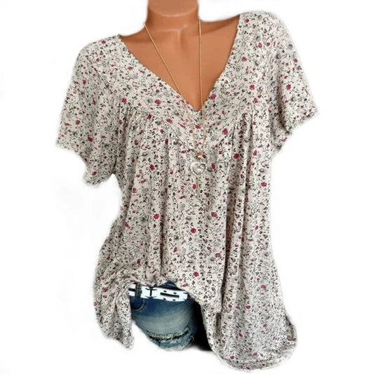 🔥 Koupit 1 a získat 1 zdarma 🔥 Letní V-neck volné krátký rukáv tisk příležitostné dámské tričko