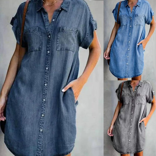 👗Ležérní džínové šaty s krátkým rukávem